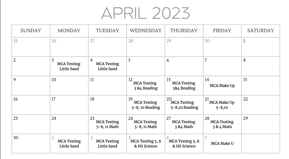  MCA Testing Schedule